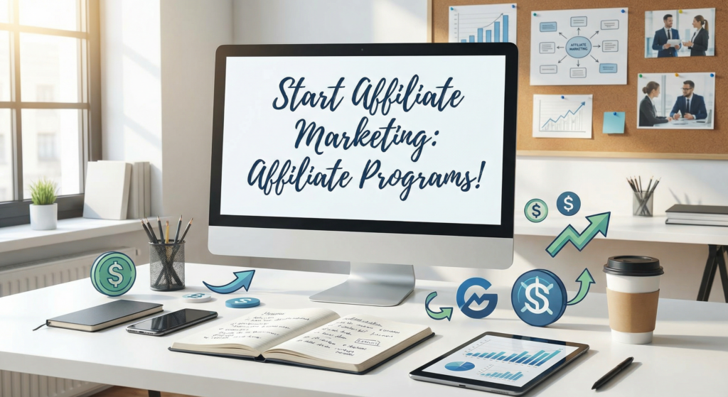 Modern workspace with financial icons and marketing materials, illustrating how to start affiliate marketing and grow income through digital strategies.