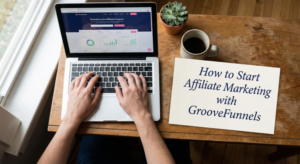 Person working on a laptop with affiliate dashboard open, learning how to start affiliate marketing using GrooveFunnels tools and performance insights.