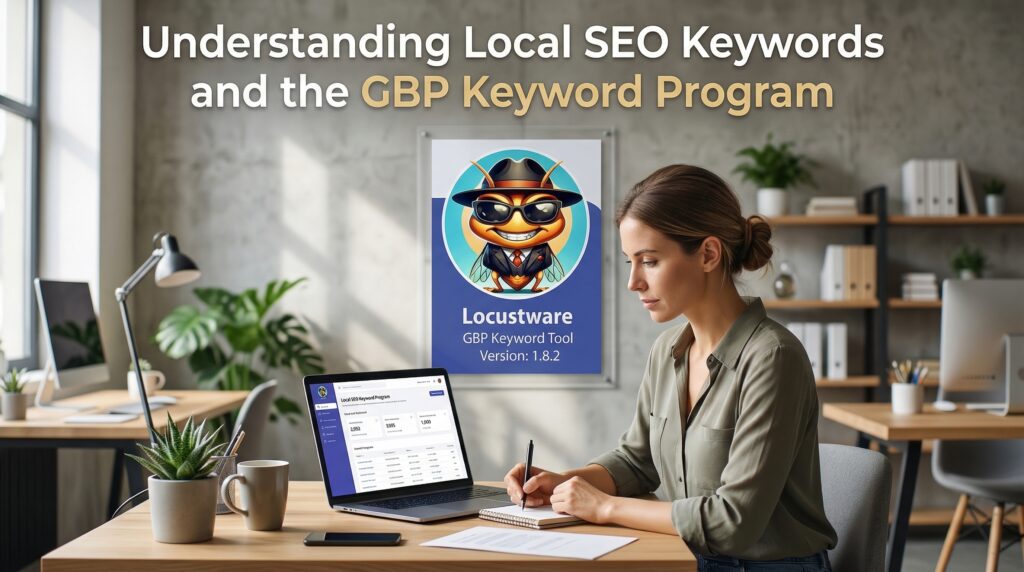 Professional analyzing Local SEO Keywords in a modern office while reviewing search performance data on a laptop.