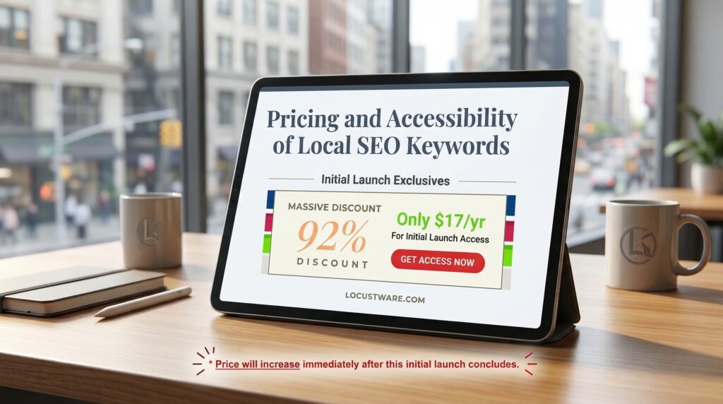 Tablet on a desk displaying a promotional offer in a bright office with city views in the background