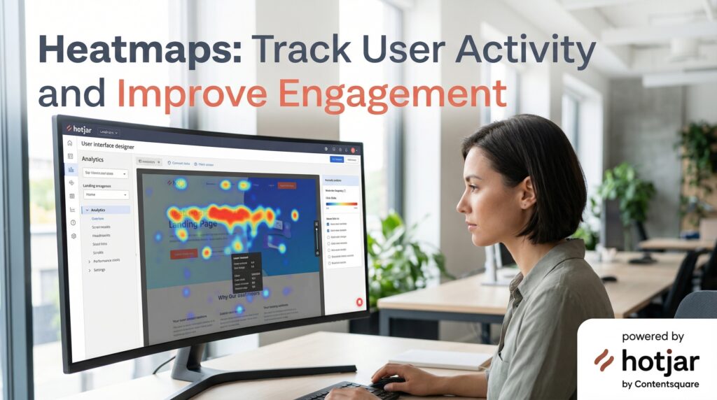 UX analyst reviewing Heatmaps on a desktop monitor to study visitor behavior and improve website engagement