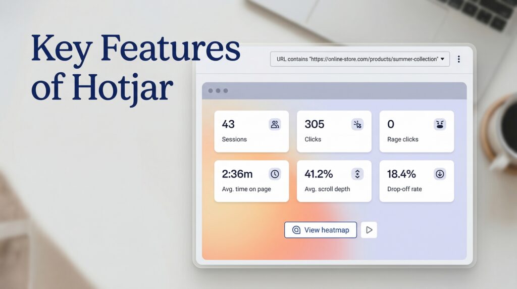 Analytics dashboard displaying Heatmaps insights, click behavior, scroll depth, and user engagement metrics for webpage analysis