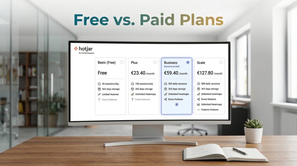 Desktop monitor showing software pricing tiers in a clean office workspace with notebook and plant on the desk