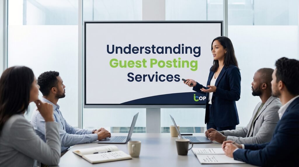 Business presentation about Guest Posting Services in a conference room with a team discussing link building strategy