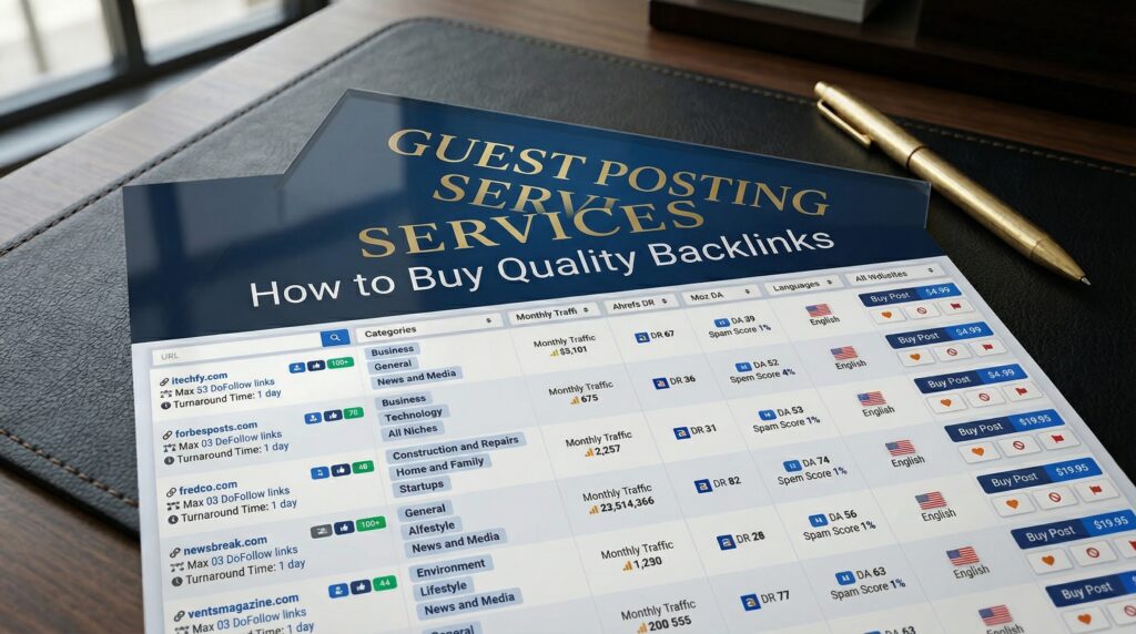 Marketplace style overview of Guest Posting Services with backlink metrics, site categories, and publishing options on a desk