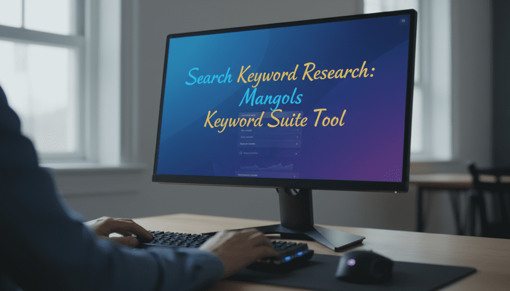 A person using a desktop computer to perform search keyword research with a digital SEO tool in a modern workspace.