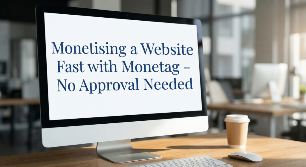 Desktop computer in a bright office with coffee cup, illustrating Monetising a Website through quick ad integration and on-screen analytics.