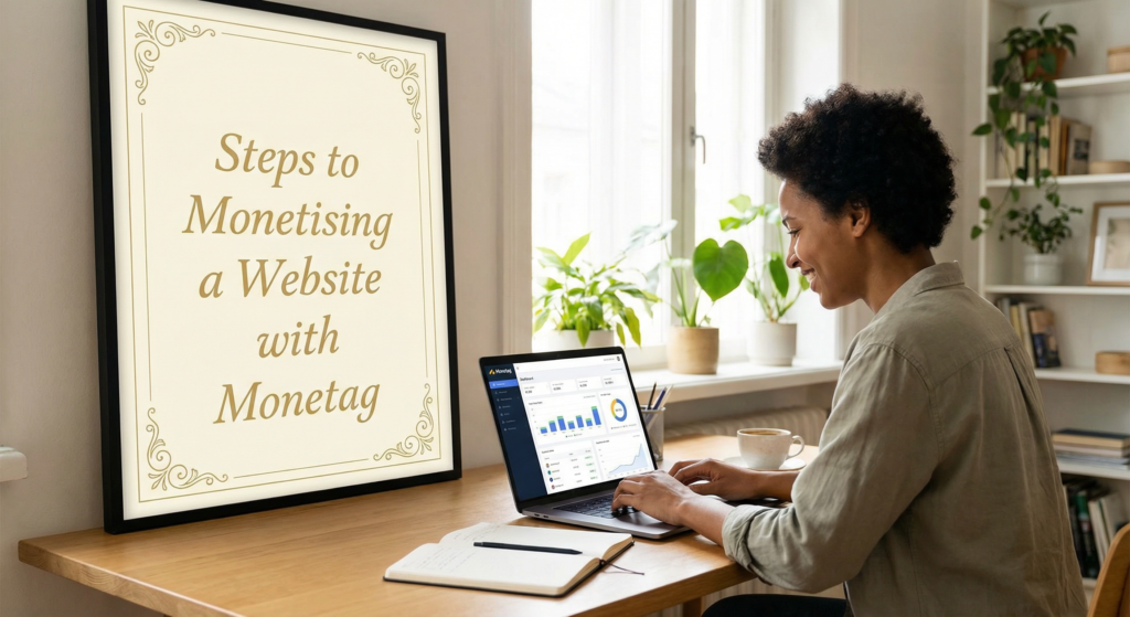 Person working on a laptop reviewing traffic and revenue charts in a bright home office, illustrating Monetising a Website through ad placements and analytics.