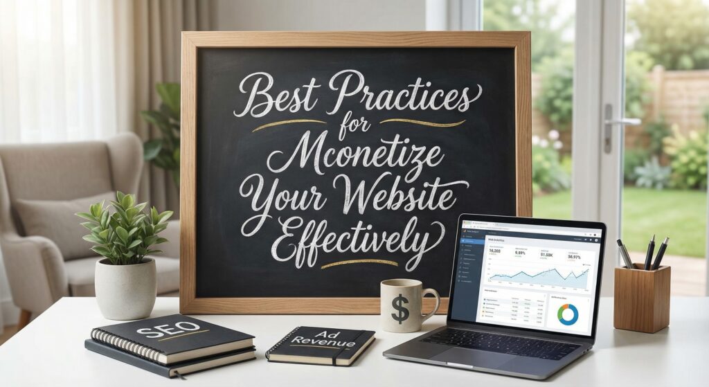 Home workspace with a laptop displaying traffic and revenue charts, notebooks and a money-themed mug on the desk, illustrating Monetising a Website strategies and performance tracking.