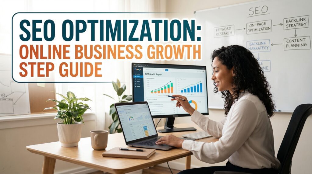 Professional working on SEO optimization with analytics dashboards and digital marketing planning in a modern office