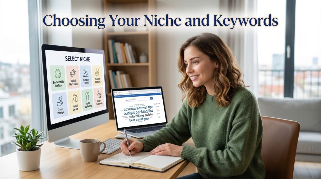 Entrepreneur researching niche markets and planning SEO optimization strategy using keyword analysis tools at a home office desk