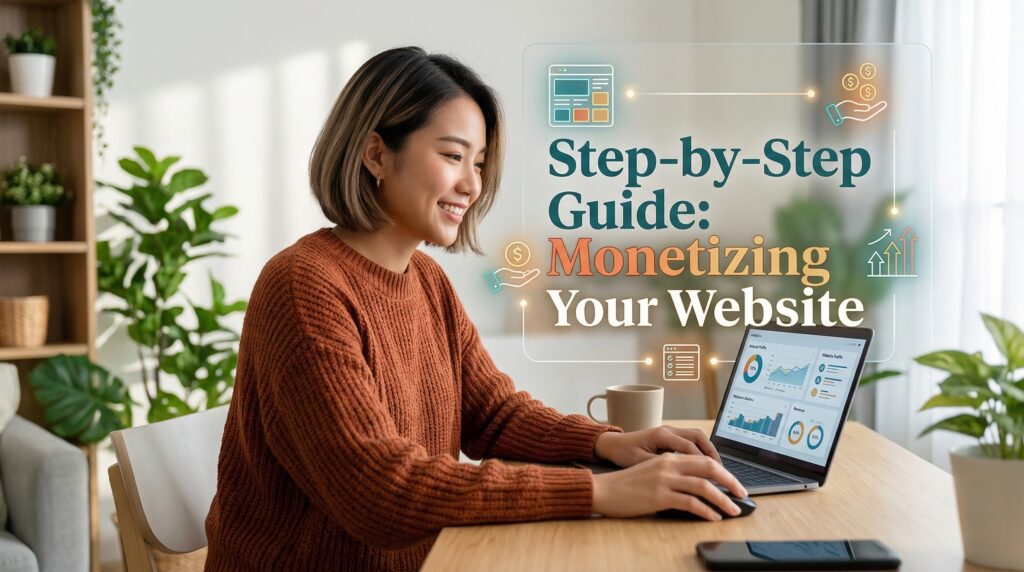 Woman working on website revenue strategy at home while reviewing analytics on a laptop in a bright workspace.