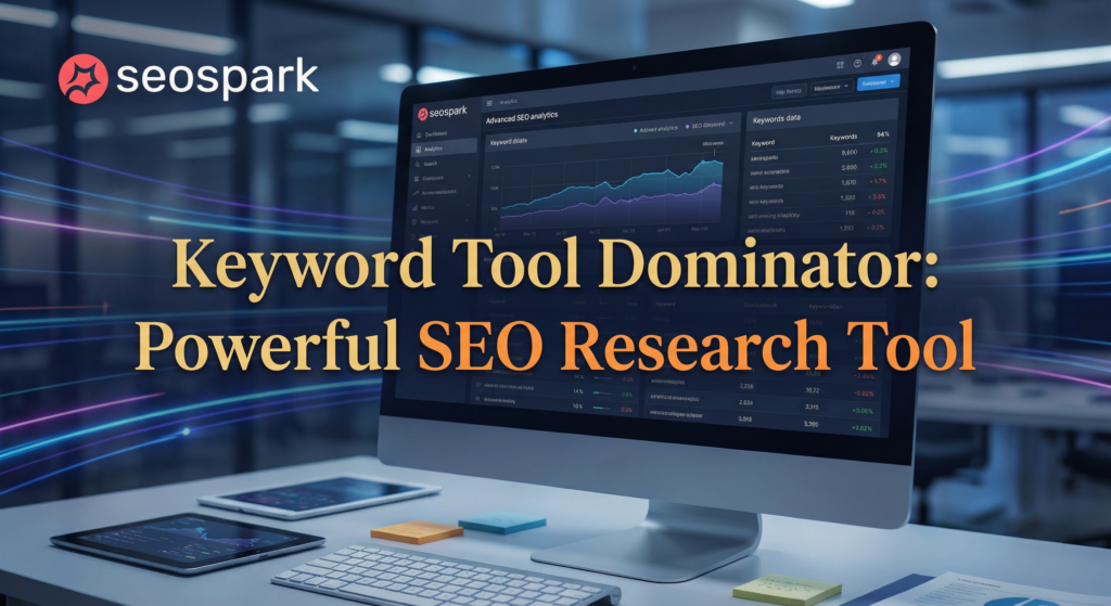 Modern workspace with a computer displaying SEO analytics and graphs, representing the use of Keyword Tool Dominator for advanced keyword research.