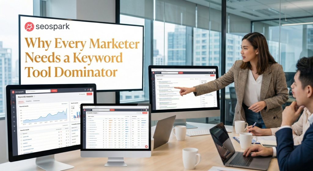 Marketing team analyzing SEO analytics and keyword data on multiple screens while using Keyword Tool Dominator to enhance search strategy and performance.