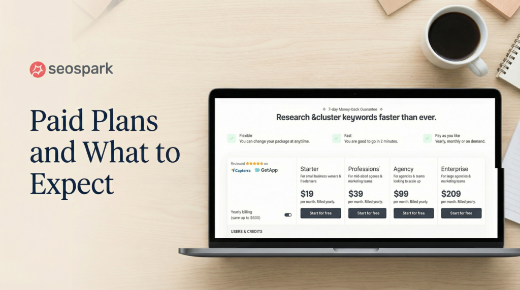 Laptop on a wooden desk showing SEO pricing plans and analytics, representing how marketers use Keyword Tool Dominator to research and cluster keywords effectively.