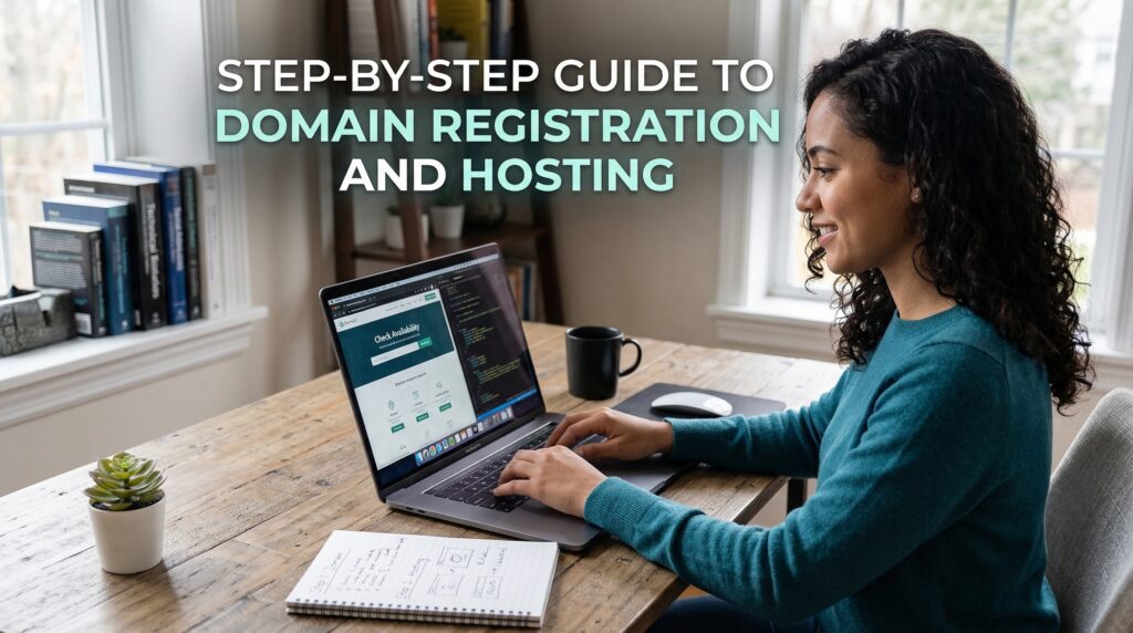 Woman working on website setup and SEO optimization from a home office using a laptop and planning notes