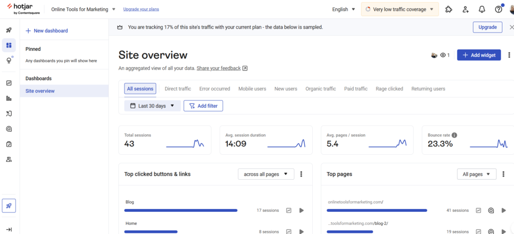 Interface of the Hotjar heatmap feature, illustrating how to analyze user clicks and interactions visually.