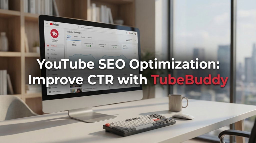 Modern desktop setup showing a YouTube analytics dashboard on a large monitor, illustrating YouTube SEO Optimization work in a bright office environment.