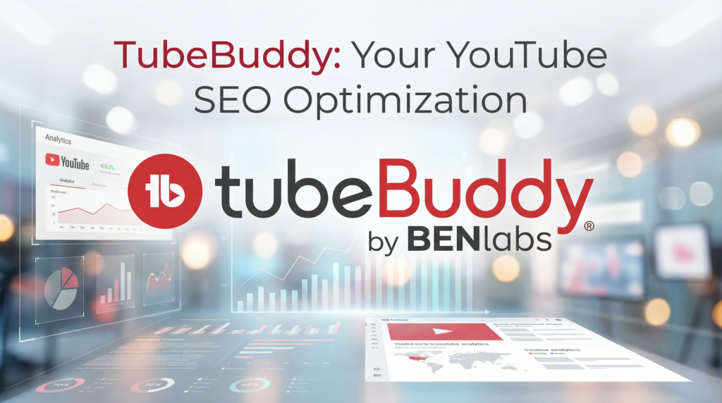 Digital graphic featuring analytics charts, graphs, and performance metrics in the background representing tools for YouTube SEO Optimization.