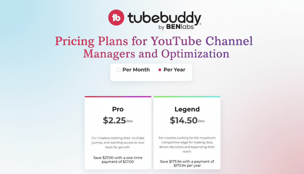 Pricing comparison layout showing monthly and yearly subscription tiers for a tool used in YouTube SEO Optimization.