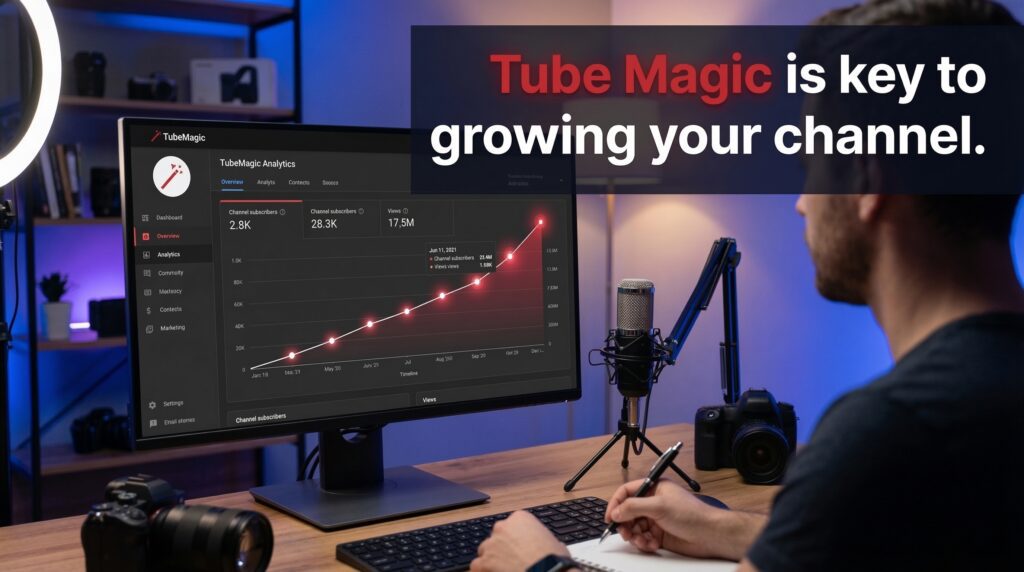 Content creator using AI YouTube tools for channel analytics and growth in a modern studio setup.