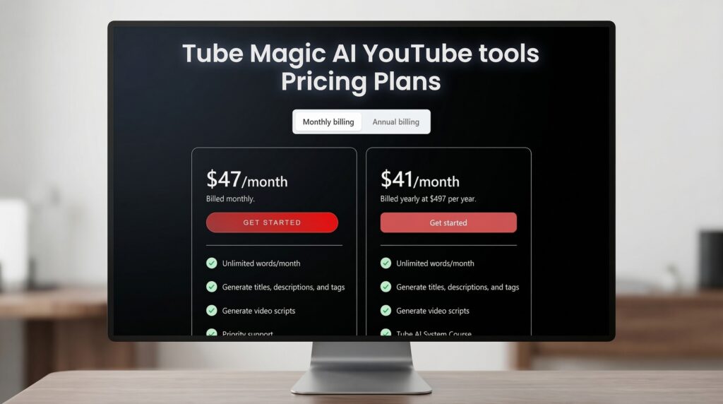 Computer monitor displaying AI YouTube tools pricing plans for content creators.