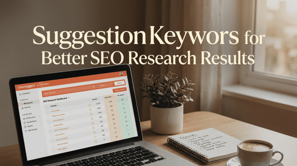 Laptop on a wooden desk displaying an SEO dashboard, representing the use of suggestion keywords to improve search optimization and keyword research results.