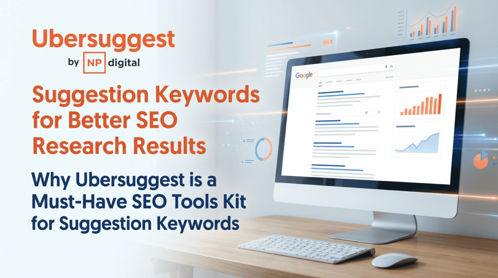 Modern workspace with a computer displaying SEO analytics and charts, illustrating how suggestion keywords enhance search optimization and content performance.