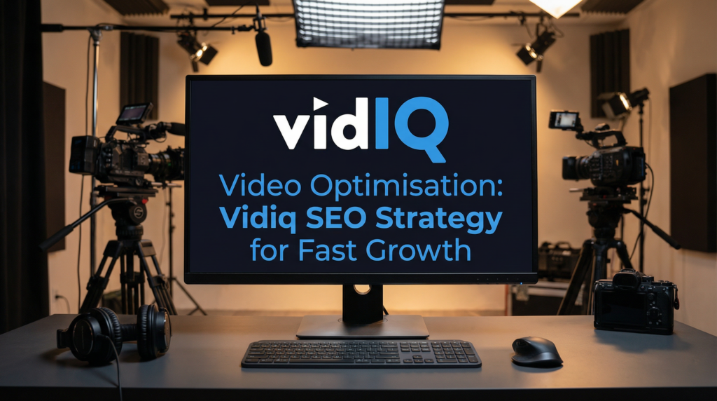 Professional video studio setup with monitor, cameras, softbox lights, and headphones on a desk, demonstrating Video Optimisation for content creators.