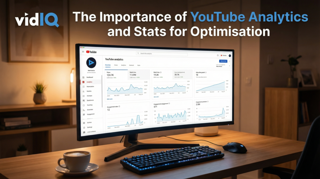 Curved monitor on a wooden desk displaying analytics graphs and engagement metrics, with keyboard and coffee cup, representing Video Optimisation in a modern workspace.