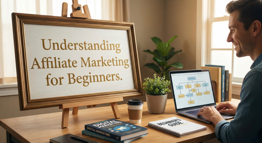 Man working at a desk with guides and flowcharts, learning how to start affiliate marketing through beginner-friendly resources and digital tools.