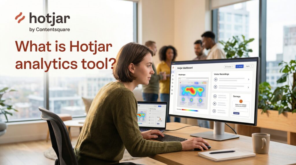 Marketer analyzing Heatmaps and visitor behavior data on a desktop dashboard in a modern office workspace