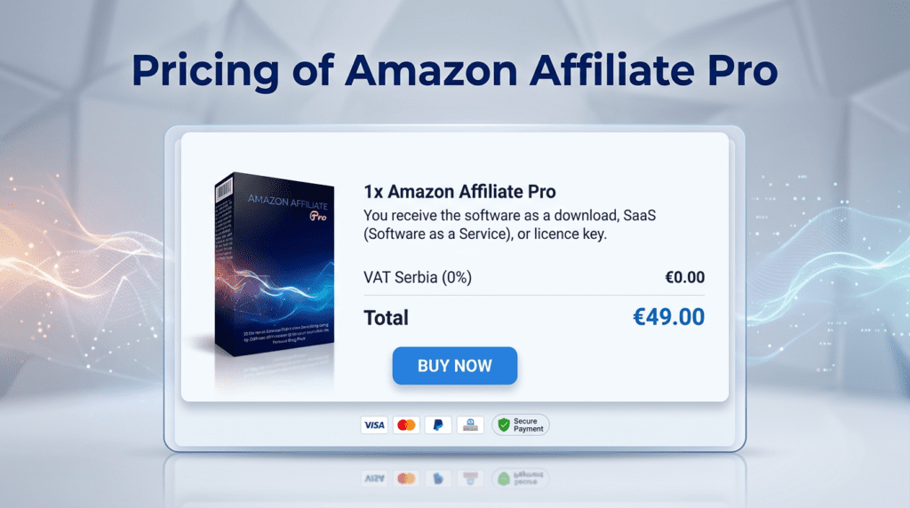 Product pricing page for software related to the Amazon Associates Program with purchase details and secure payment options