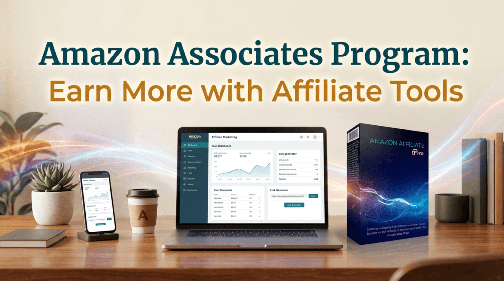 Desktop setup featuring affiliate analytics tools and software related to the Amazon Associates Program for tracking earnings and performance
