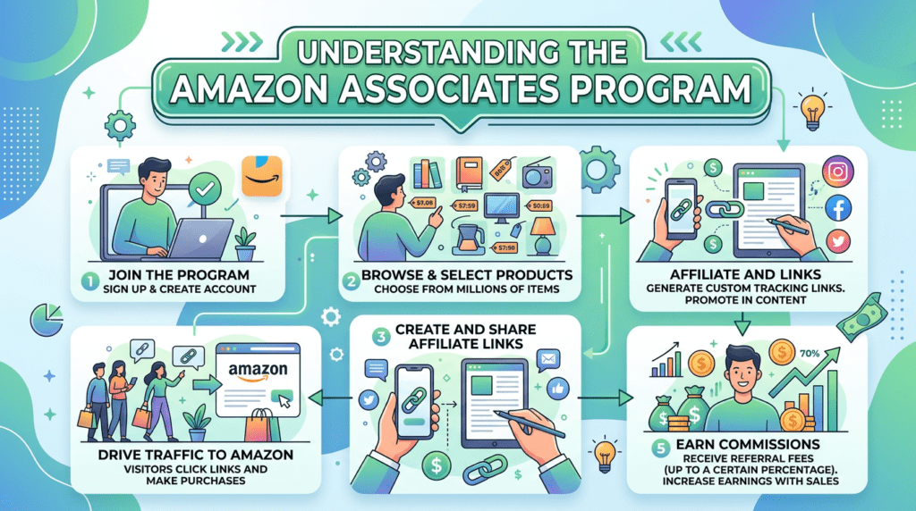 Illustrated workflow showing how the Amazon Associates Program helps creators promote products, share referral links, and earn affiliate income