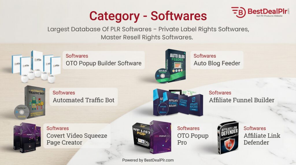 Collection of digital software packages and resale tools showcasing different types of PLR Products for online business use