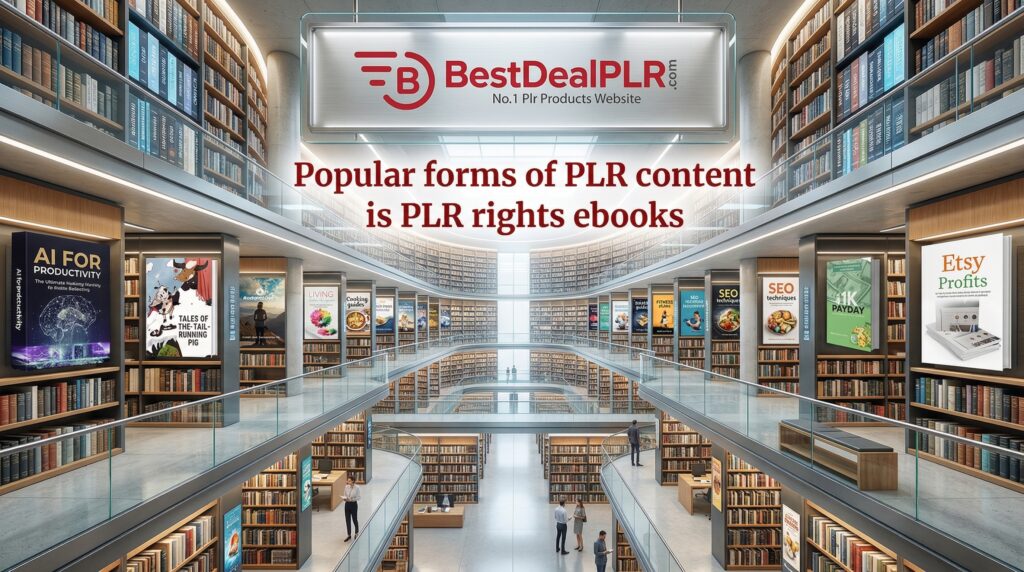 Large digital library concept illustrating PLR Products in ebook format with shelves of business, marketing, and educational content