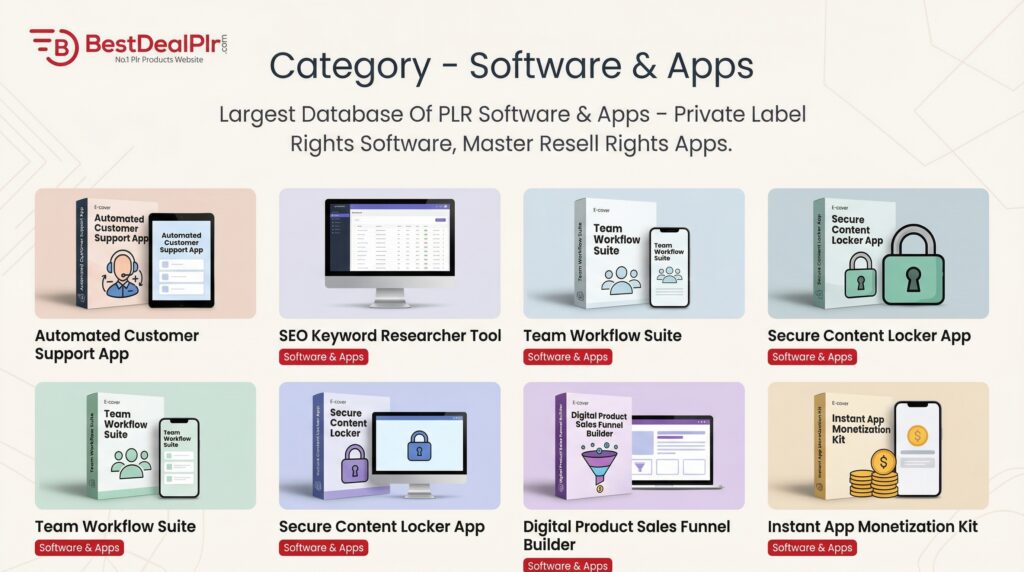 Grid of digital software boxes and app mockups displayed in an online catalog for resale and content licensing