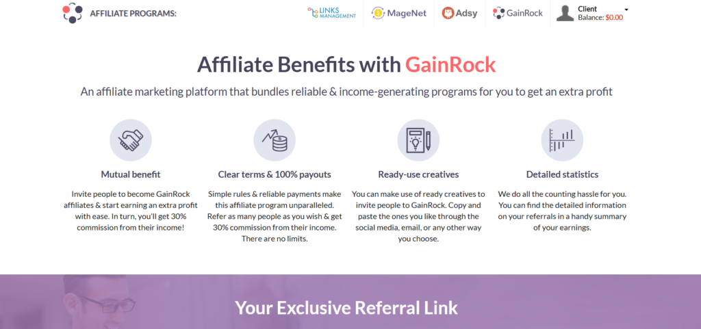 GainRock platform showcasing various affiliate programs and high commissions.