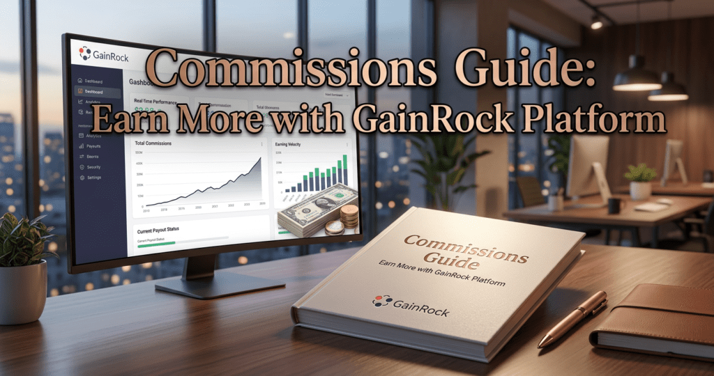 Office desk with earnings dashboard and printed guide illustrating commissions growth, payout tracking, and affiliate revenue management
