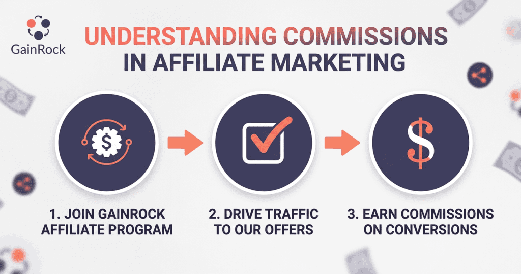 Simple affiliate marketing workflow graphic explaining how commissions are earned through referrals, conversions, and partner program participation