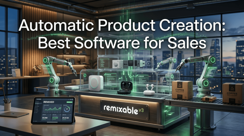 Futuristic production system showing Automatic Product Creation with robotic arms, smart packaging, and sales analytics in a modern workspace