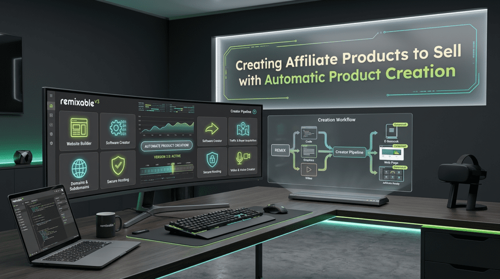 Modern digital workspace showing Automatic Product Creation tools for building affiliate products, websites, software, and content workflows