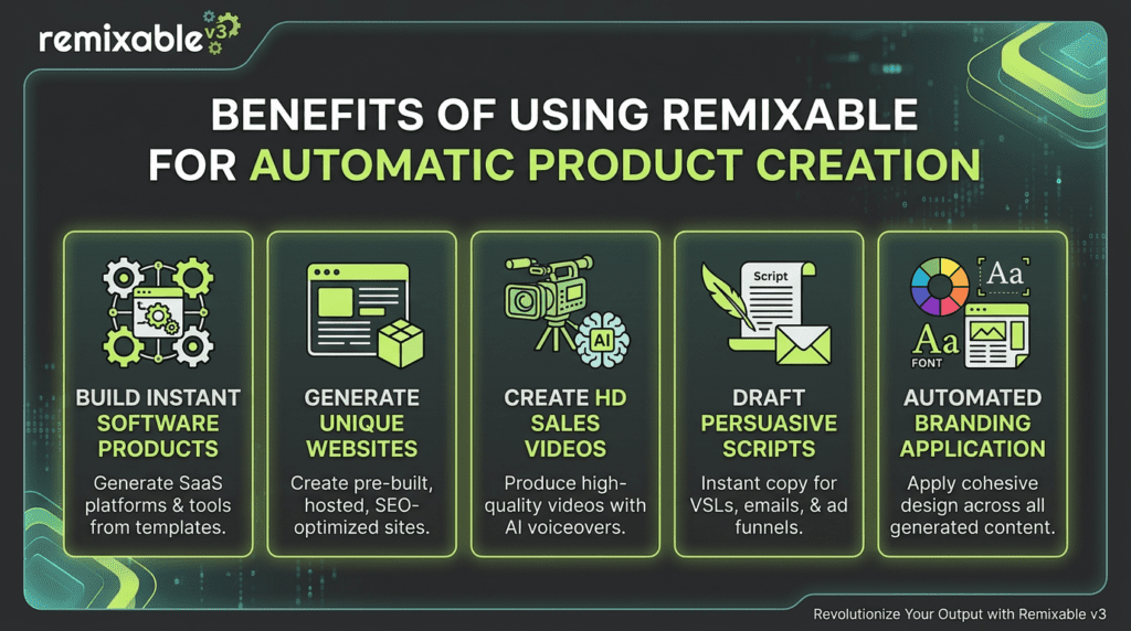 Infographic presenting tools and workflow benefits of Automatic Product Creation for websites, videos, scripts, branding, and digital product output
