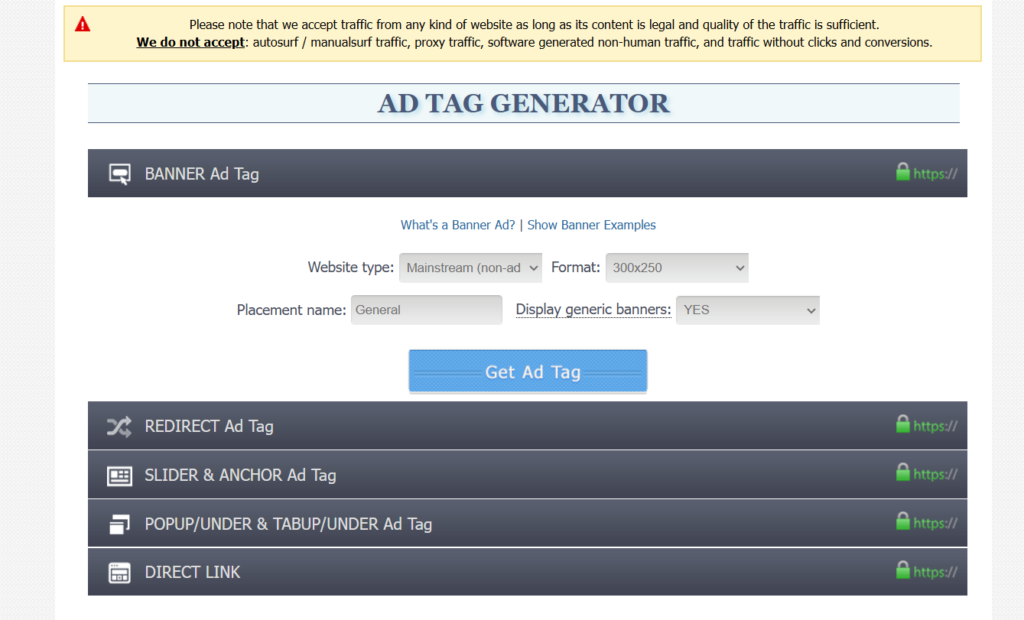 Ad tag generator interface on ylliX for easy setup.