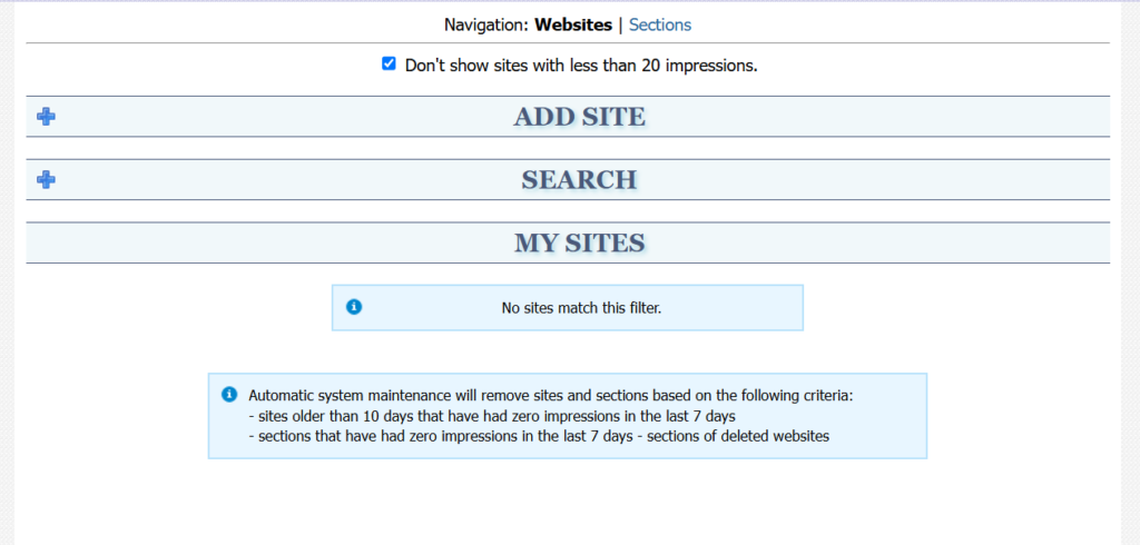 Navigation sites section in ylliX for managing publisher resources and monetization strategies.