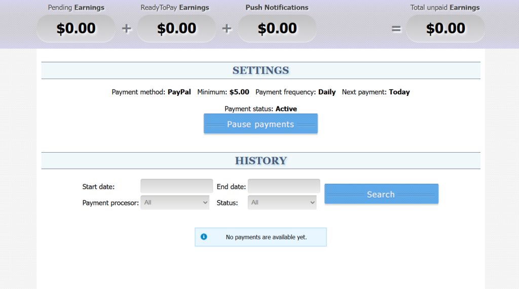 Settings for payment methods and history in ylliX.