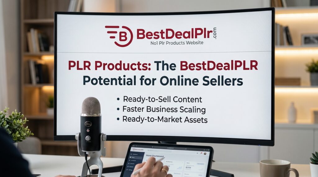 Podcast style workspace featuring a presentation about PLR Products with a monitor, microphone, and online selling dashboard