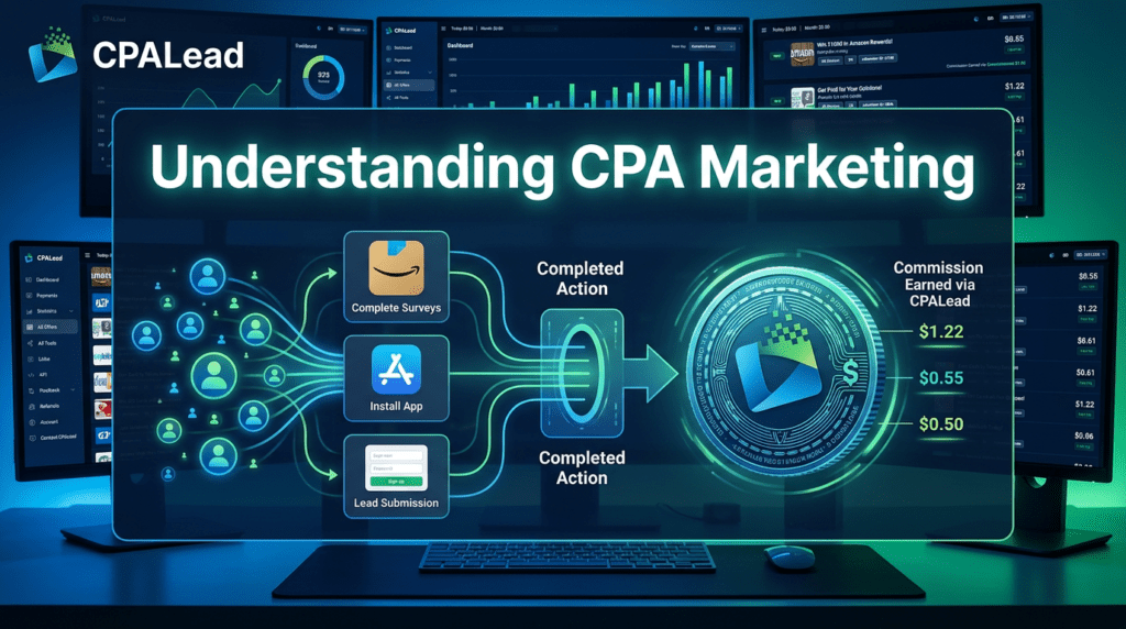 Infographic dashboard explaining CPA Marketing with lead generation paths, user actions, and commission based earnings flow