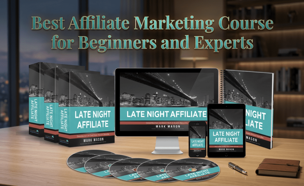 Digital course bundle displayed across desktop, tablet, phone, books, and discs promoting the Best Affiliate Marketing Course for all skill levels